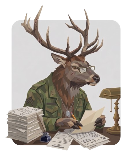 The kino mascot — an elk in a green field jacket and red bandana, reading paperwork by lamplight
